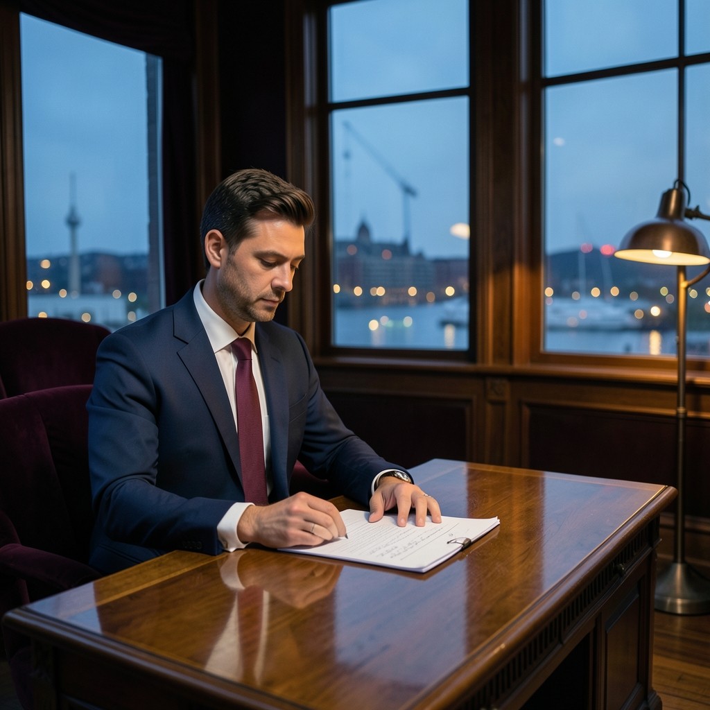 Instructor reviewing a handwritten trade plan beside harbour-facing windows at dusk