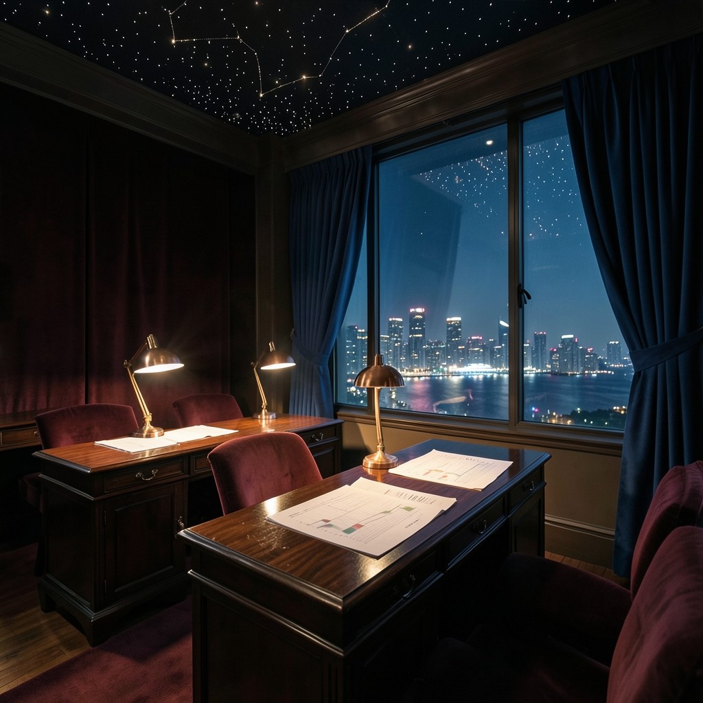 Dim velvet classroom overlooking Victoria Harbour at night with chart sheets on a lacquered table