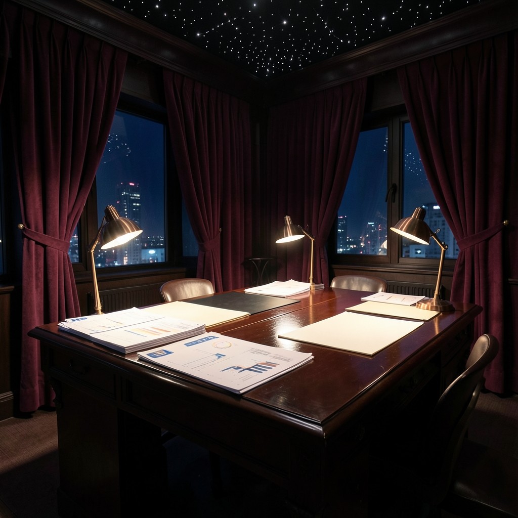 Lacquered classroom table with printed chart packets and copper desk lamps before a workshop opens